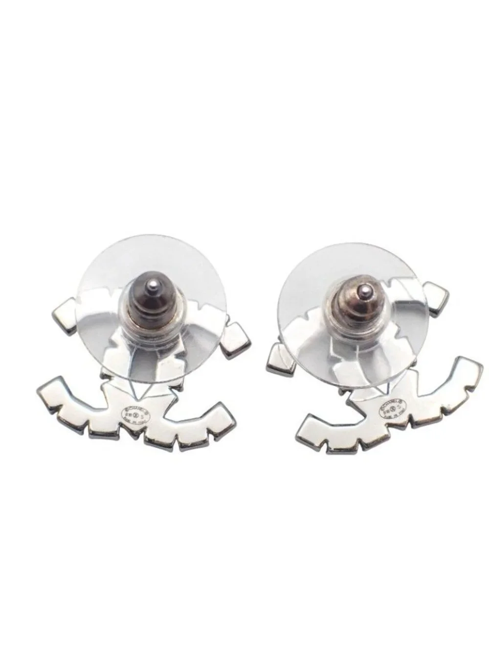 Chanel CC Logo Earrings 18 Metal Crystal Black Coco Silver Simple Rhinestone